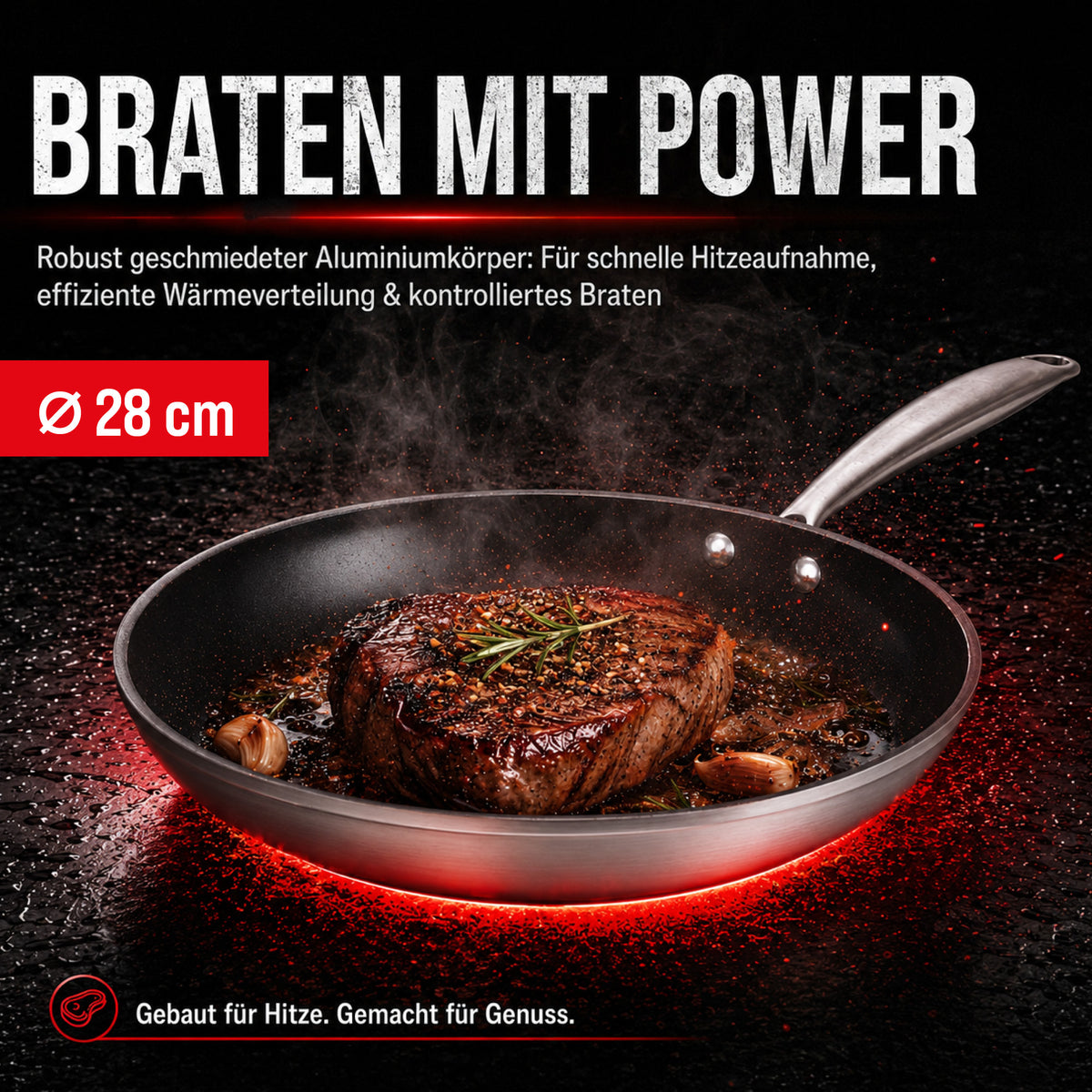Aluminium-Bratpfanne mit Dual-Keramik-Beschichtung mit gebratenem Steak und 28 cm Durchmesser für scharfes Anbraten