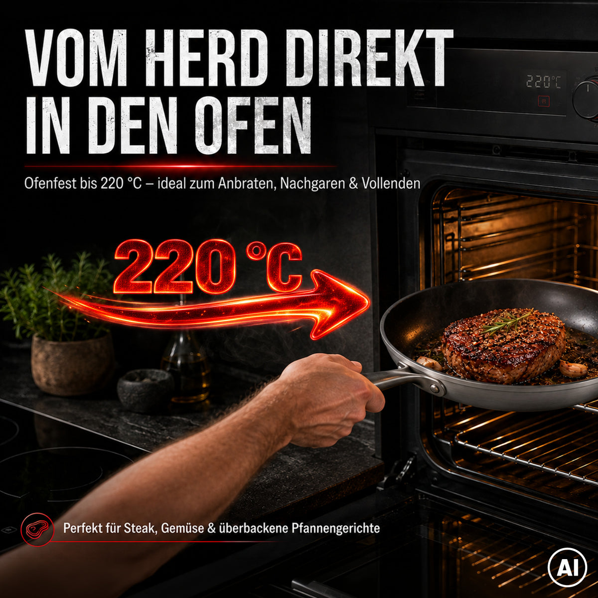 Infografik zur Aluminium-Bratpfanne mit Dual-Keramik-Beschichtung vom Herd direkt in den Ofen bis 220 Grad Celsius