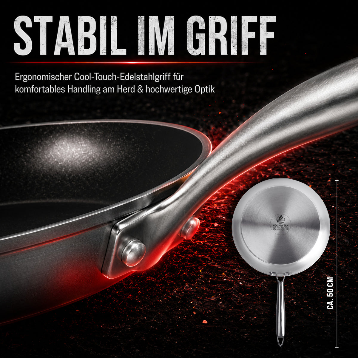 Aluminium-Bratpfanne mit Dual-Keramik-Beschichtung mit ergonomischem Cool-Touch-Edelstahlgriff ca. 50 cm lang