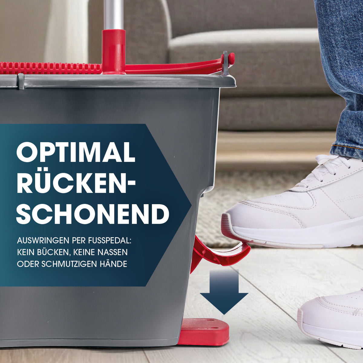 Power-Wischmopp + Aufsatz 2er-Set mit Fußpedal zum einfachen Auswringen für rückenschonendes Wischen ohne Bücken oder nasse Hände.