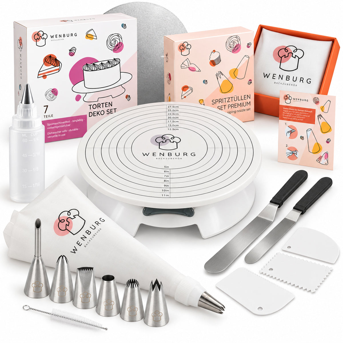 Tortendeko-Set Premium Complete mit drehbarer Tortenplatte Spritzbeuteln Edelstahltüllen und Tortenschabern in Geschenkbox