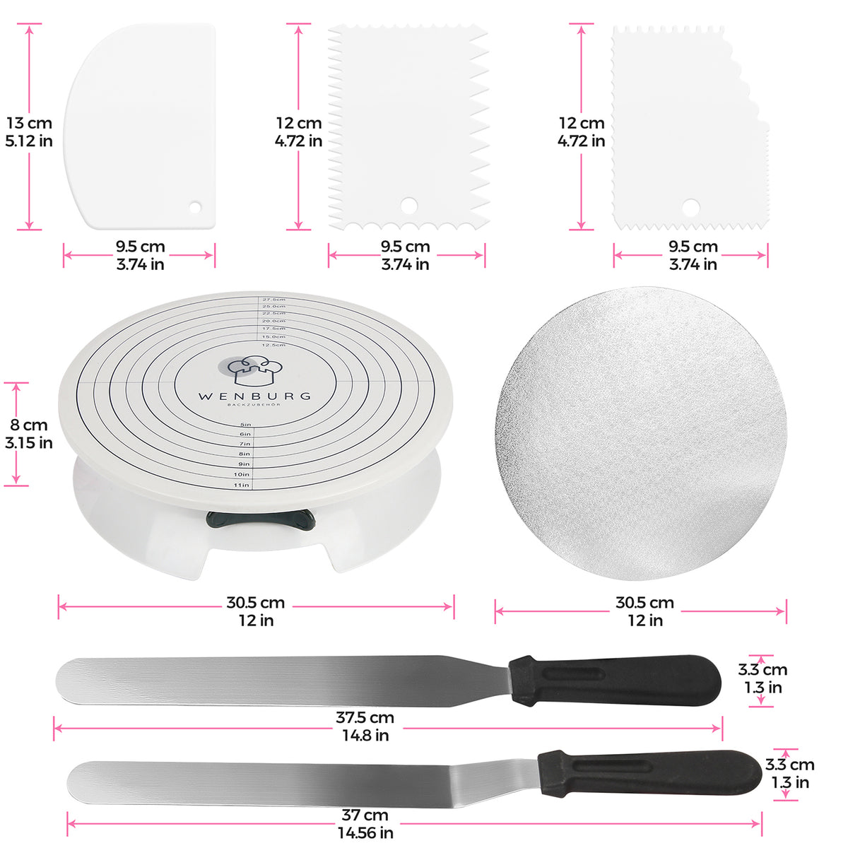 Maßgrafik zum Tortendeko-Set Premium Complete mit Schabern 12 und 13 cm Tortenplatte 30.5 cm und Paletten bis 37.5 cm