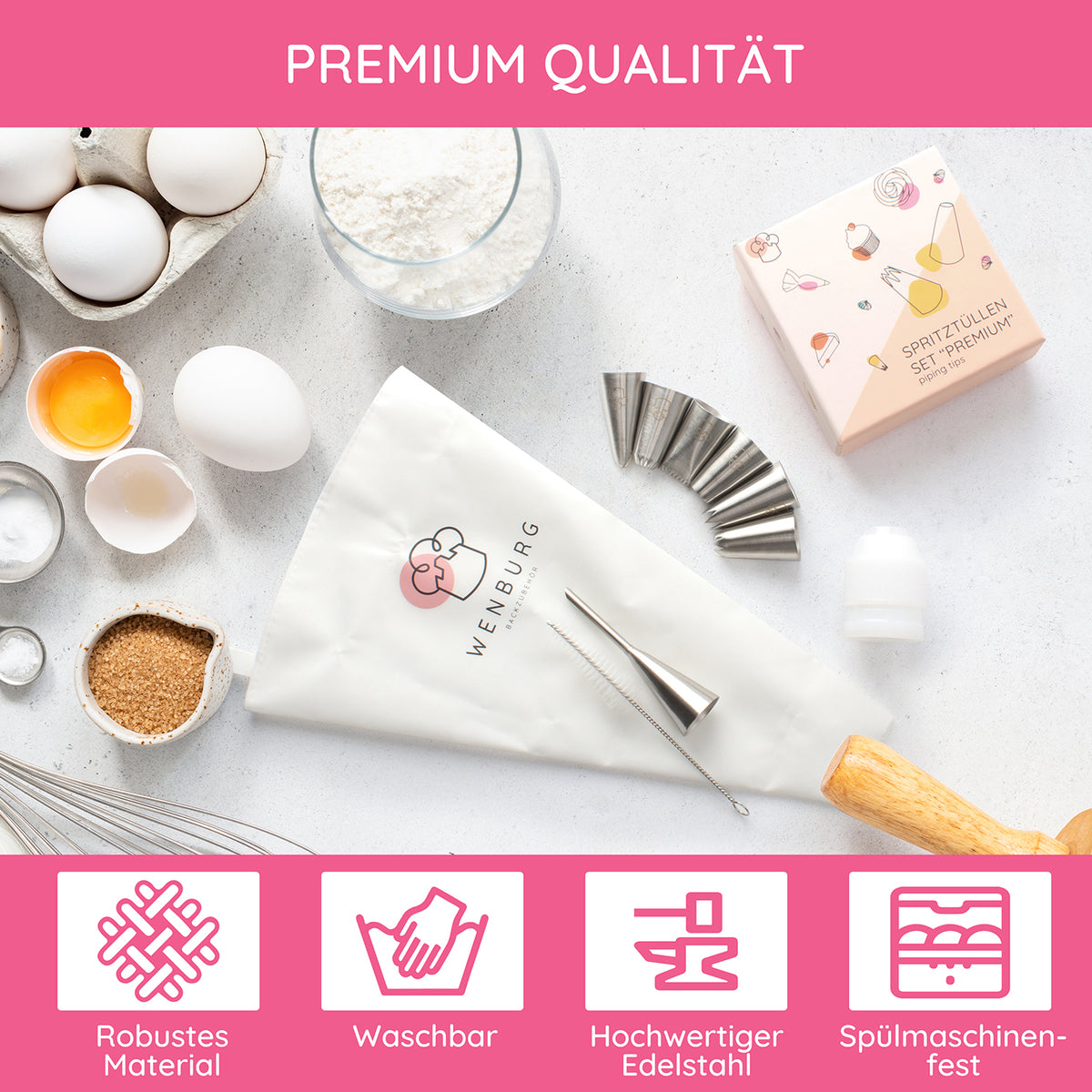 Tortendeko-Set Premium Complete mit Spritzbeutel und Edelstahltüllen für präzise Tortendekoration robust waschbar und spülmaschinenfest