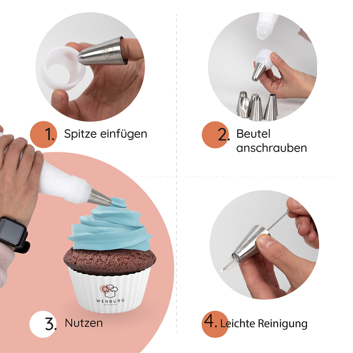 Anleitung zum Tortendeko-Set Premium Complete: Spritztülle einsetzen Spritzbeutel anschrauben Cupcake verzieren und reinigen
