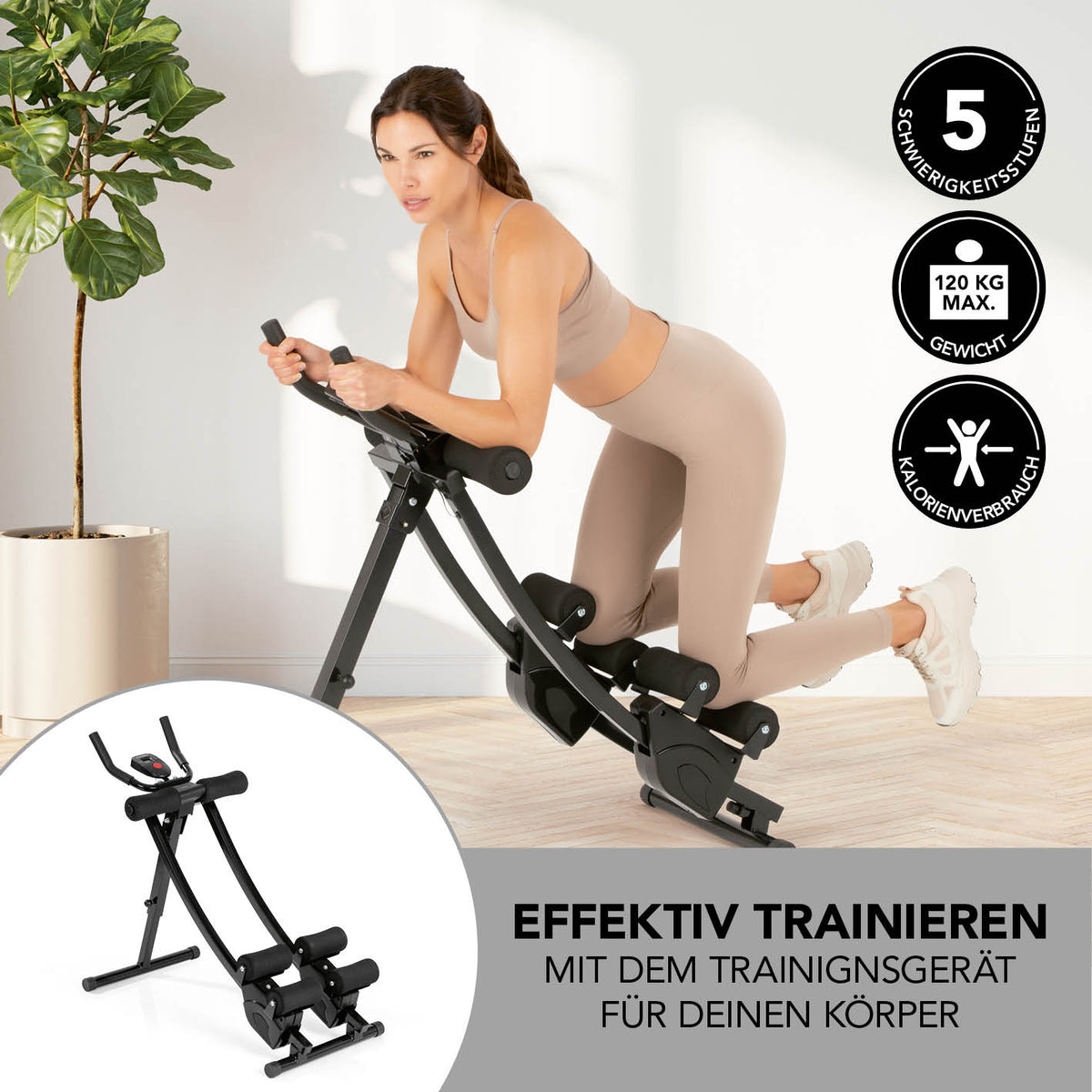 Frau trainiert mit dem Trainingsgerät Abmaxx 6 mit 5 Schwierigkeitsstufen, platzsparend und höhenverstellbar für Kraft- und Ausdauertraining