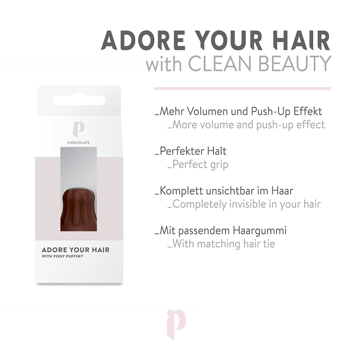 Haarstütze chocolate 3,5cm braun mit mehr Volumen, perfektem Halt, unsichtbar im Haar und passendem Haargummi für festen Sitz.