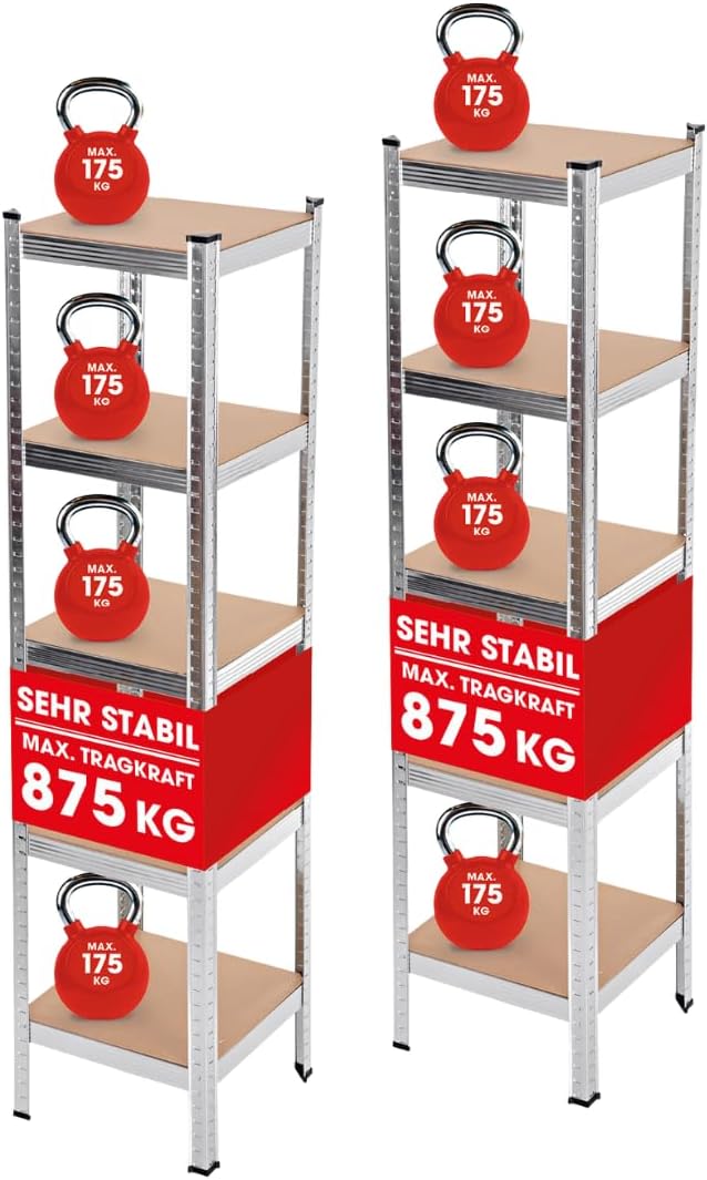 2 in 1 Schwerlastregal & Werkbank Bis zu 175 kg Tragkraft je Regalboden, vier Ablagen mit rot markierten Gewichtssymbolen.