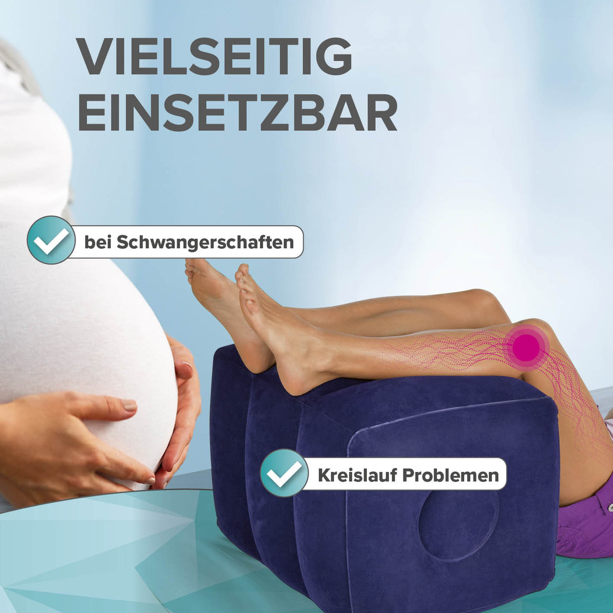 Stufenbett in kräftigem Blau zur Unterstützung bei Schwangerschaften und zur Linderung von Kreislaufproblemen durch erhöhte Beinhaltung.