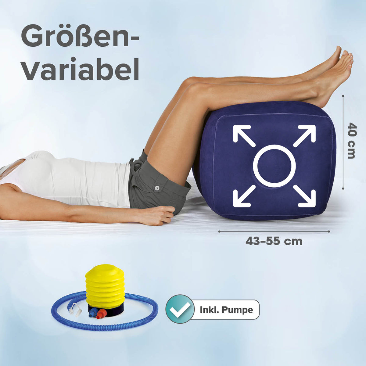 Person nutzt verstellbaren, blauen Stufenbett-Hocker mit integrierter Fußpumpe zur flexiblen Beinlagerung und Entlastung.