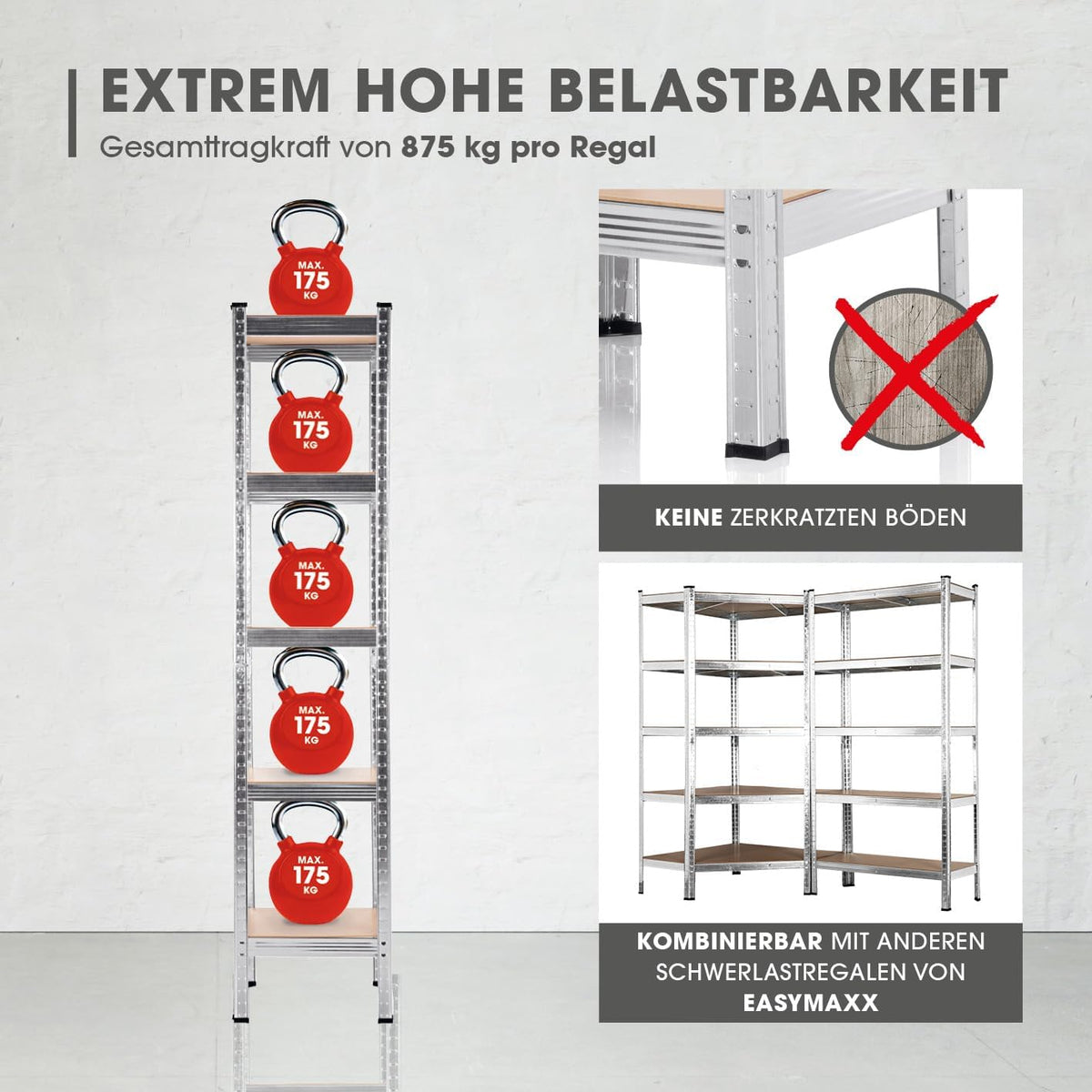 2 in 1 Schwerlastregal & Werkbank Bis zu 175 kg Tragkraft je Regalboden, hohe Stabilität, kombinierbar, kratzfeste Böden für vielseitigen Einsatz.
