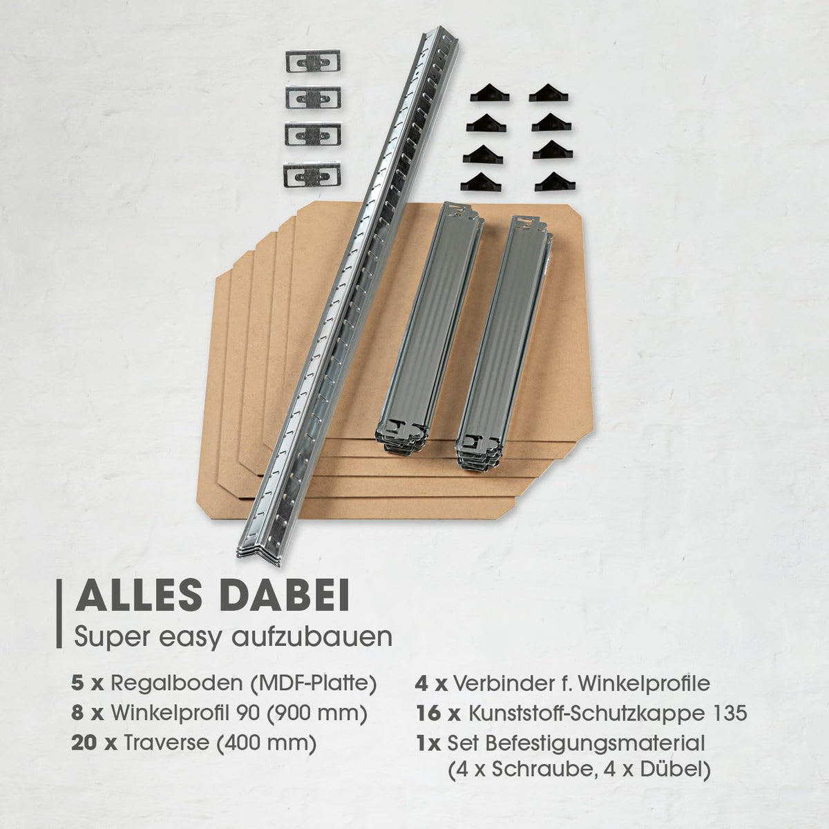 Bauteileübersicht für 2 in 1 Schwerlastregal & Werkbank Bis zu 175 kg Tragkraft je Regalboden zum einfachen Selbstaufbau.
