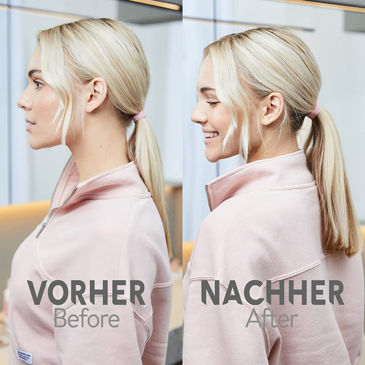 Frau mit blondem Haar trägt Haarstütze vanilla 3,5cm creme, zeigt Vorher-Nachher-Vergleich für verbesserten Halt im Pferdeschwanz.
