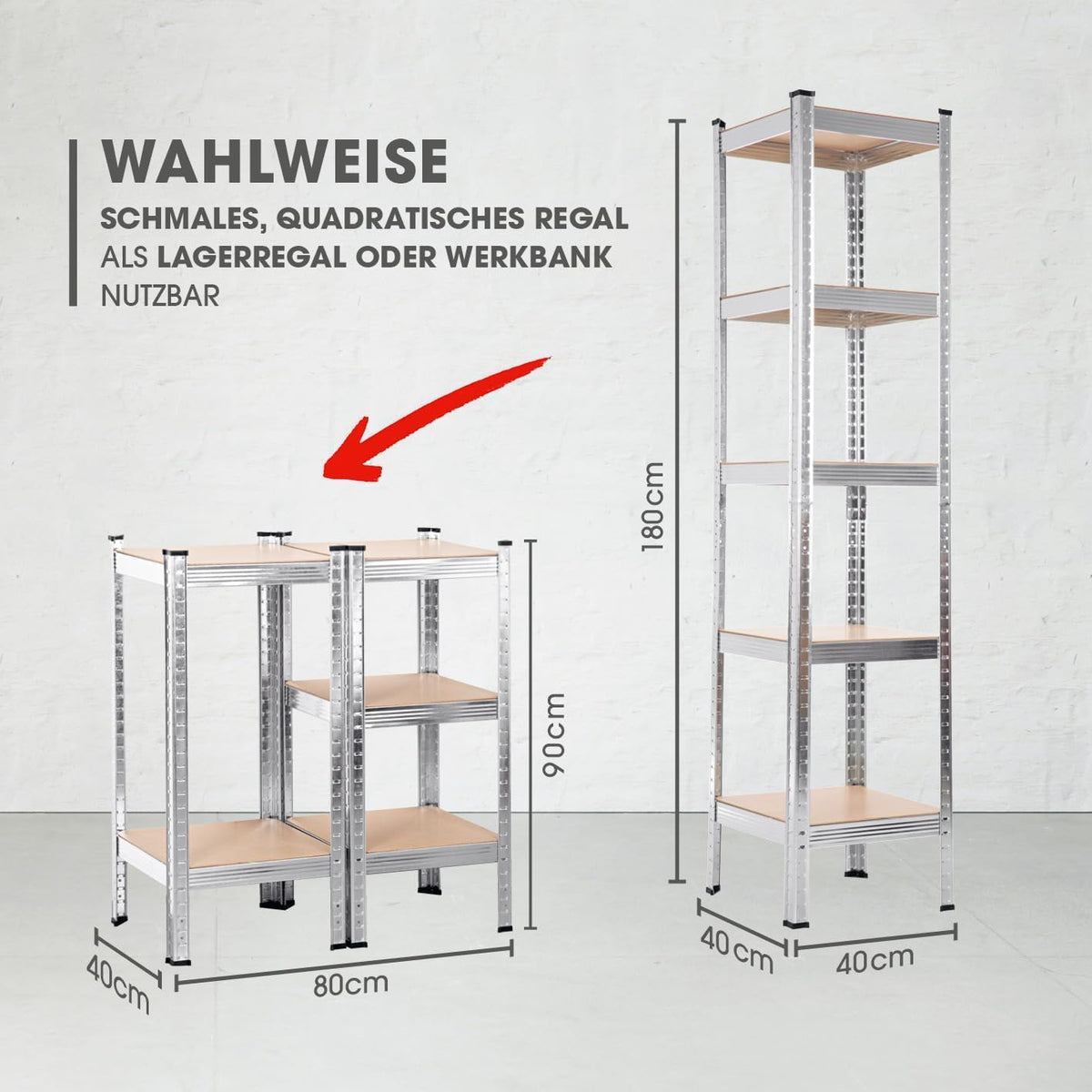 2 in 1 Schwerlastregal & Werkbank Bis zu 175 kg Tragkraft je Regalboden, wahlweise als schmales Lagerregal oder Werkbank nutzbar.