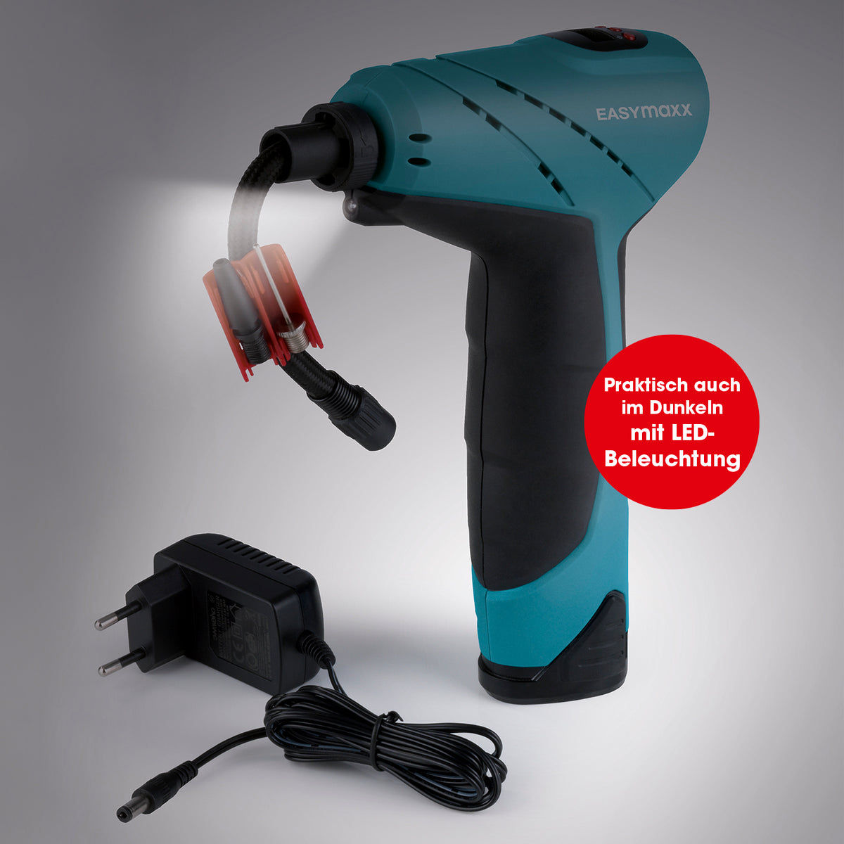 Akku-Handkompressor mit LED-Beleuchtung blau/schwarz, kabellos mit digitaler Luftdruckanzeige und verschiedenen Ventiladaptern.