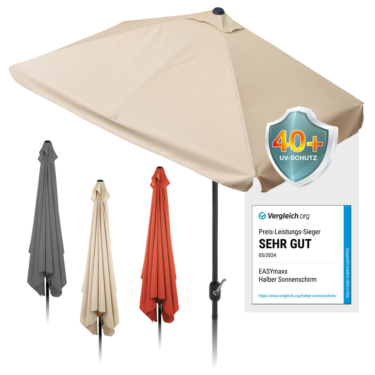 EASYmaxx Sonnenschirm - rechteckig, beige, UV-Schutz 40+, platzsparend, mit Handkurbel, ideal für Balkon und Terrasse