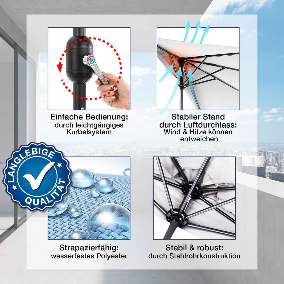 EASYmaxx Sonnenschirm - halbrund, terrakottafarben mit Kurbel, luftdurchlässig, wasserfestem Polyester und stabiler Stahlrohrkonstruktion.