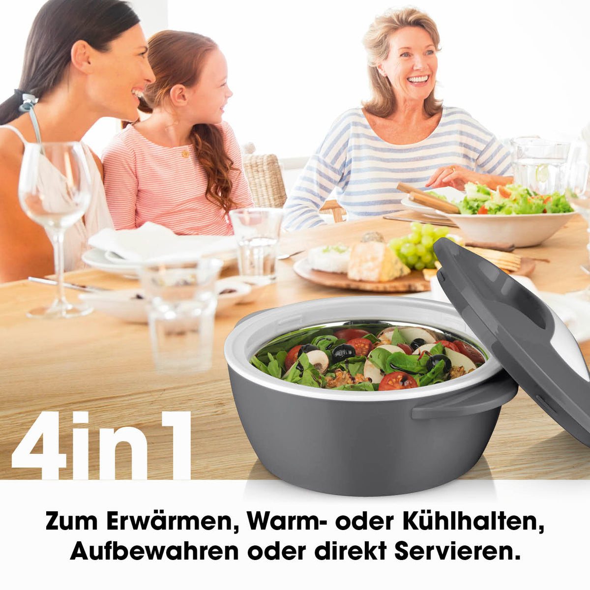 Thermo-Schüssel Mikrowelle - 850 ml - grau/weiß, doppelwandig, Edelstahl-Einsatz, hält Speisen bis zu 5 Stunden warm oder kalt.