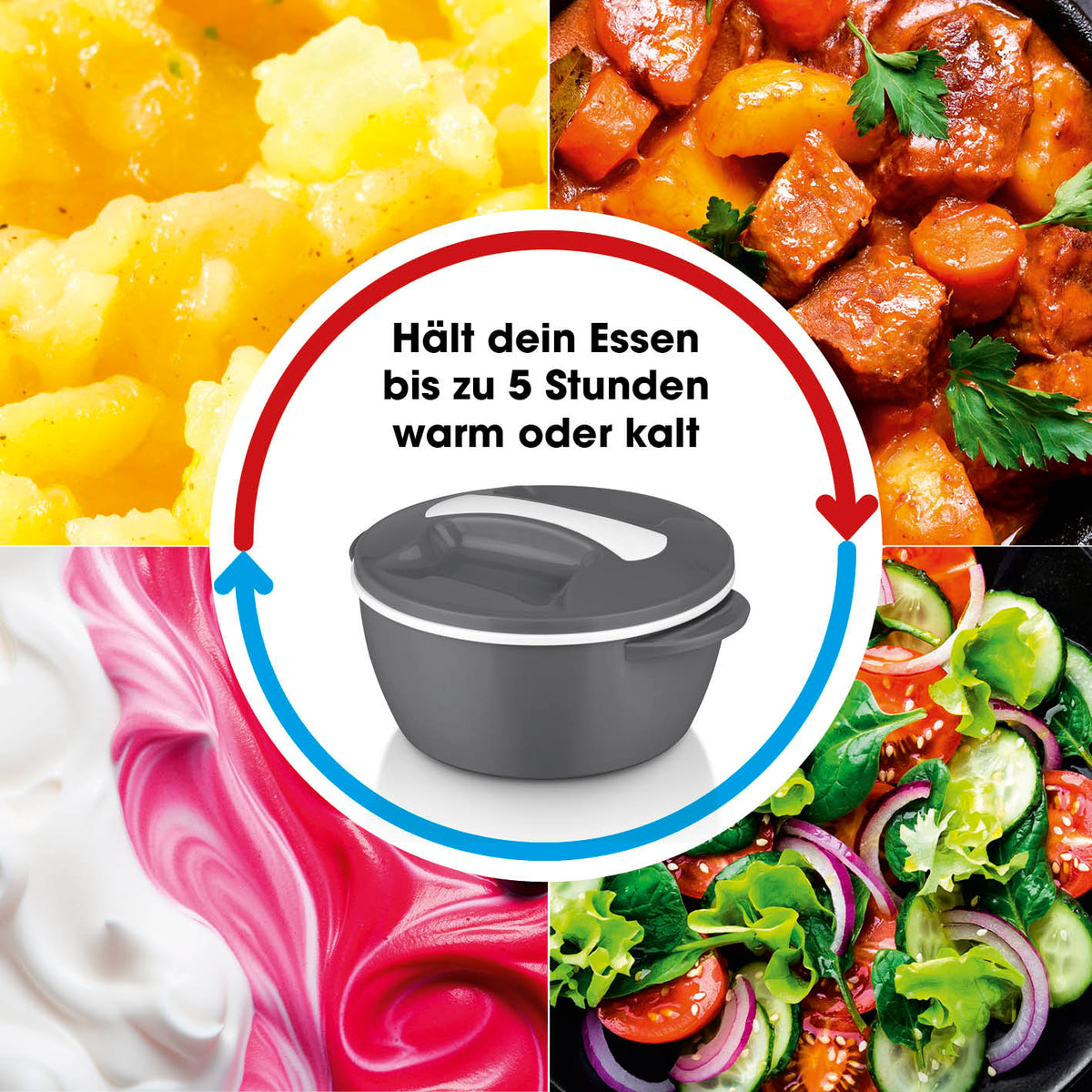 Thermo-Schüssel Mikrowelle - 850 ml - grau/weiß, doppelwandig mit Edelstahleinsatz, hält Speisen bis zu 5 Stunden warm oder kalt.