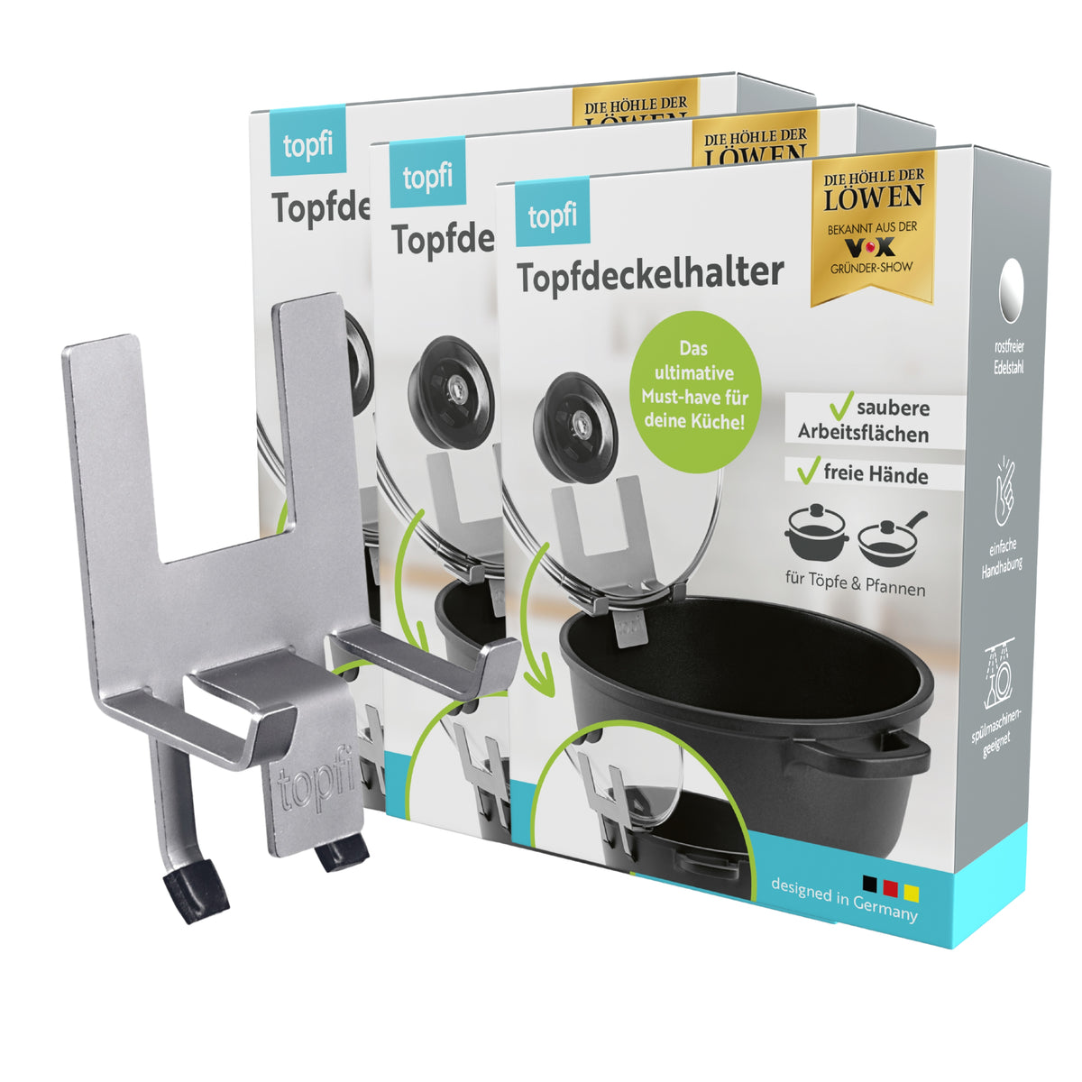 Topfdeckelhalter für Töpfe & Pfannen - 3er-Set aus Edelstahl mit Silikonfüßen, platzsparend und für Töpfe von 16-30 cm geeignet.