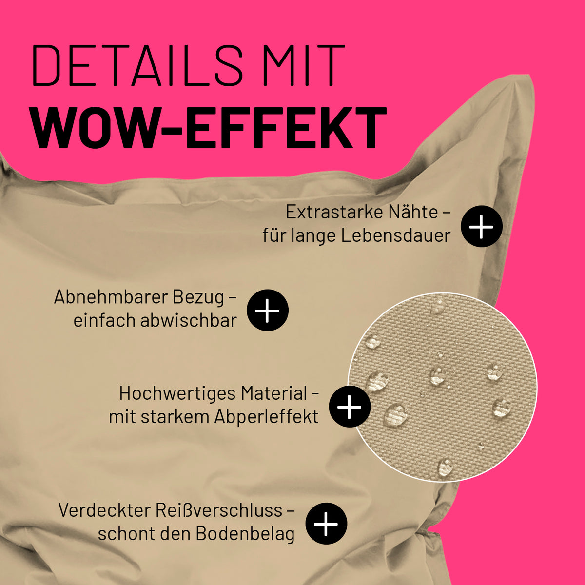 Sitzsack Classic XXL (380 L) - indoor & outdoor - Beige mit abnehmbarem Bezug, wasserabweisendem Material, verdecktem Reißverschluss und extra starken Nähten.