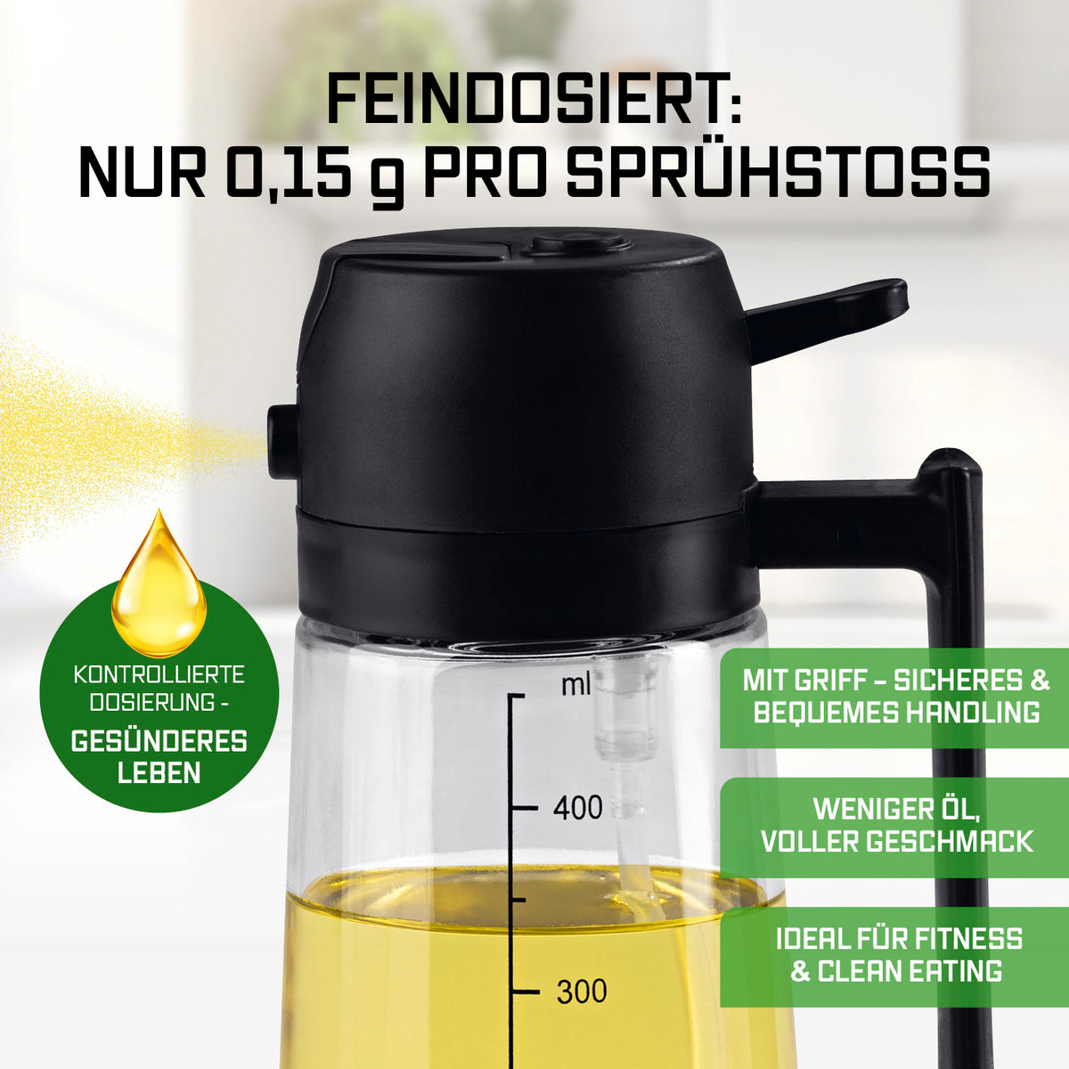 2-in-1 Ölsprüher & -spender – 470 ml mit feiner Dosierung 0,15 g pro Sprühstoß für präzises Öl portionieren.
