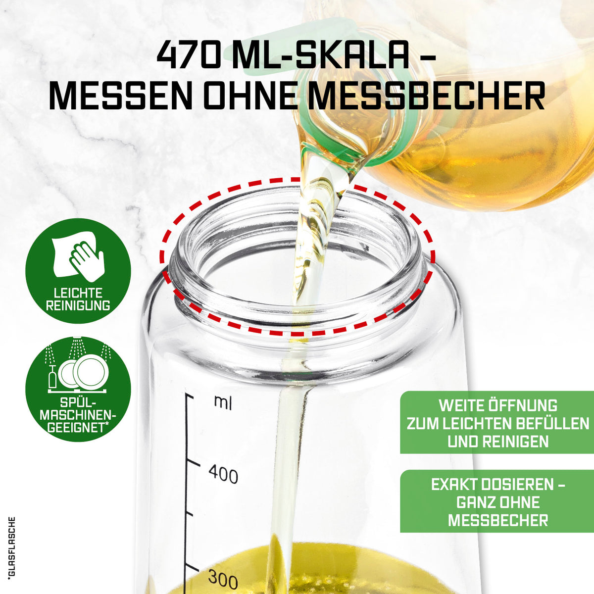 2-in-1 Ölsprüher & -spender – 470 ml mit 470 ml Skala, leichter Reinigung und weiter Öffnung zum einfachen Befüllen und Dosieren.