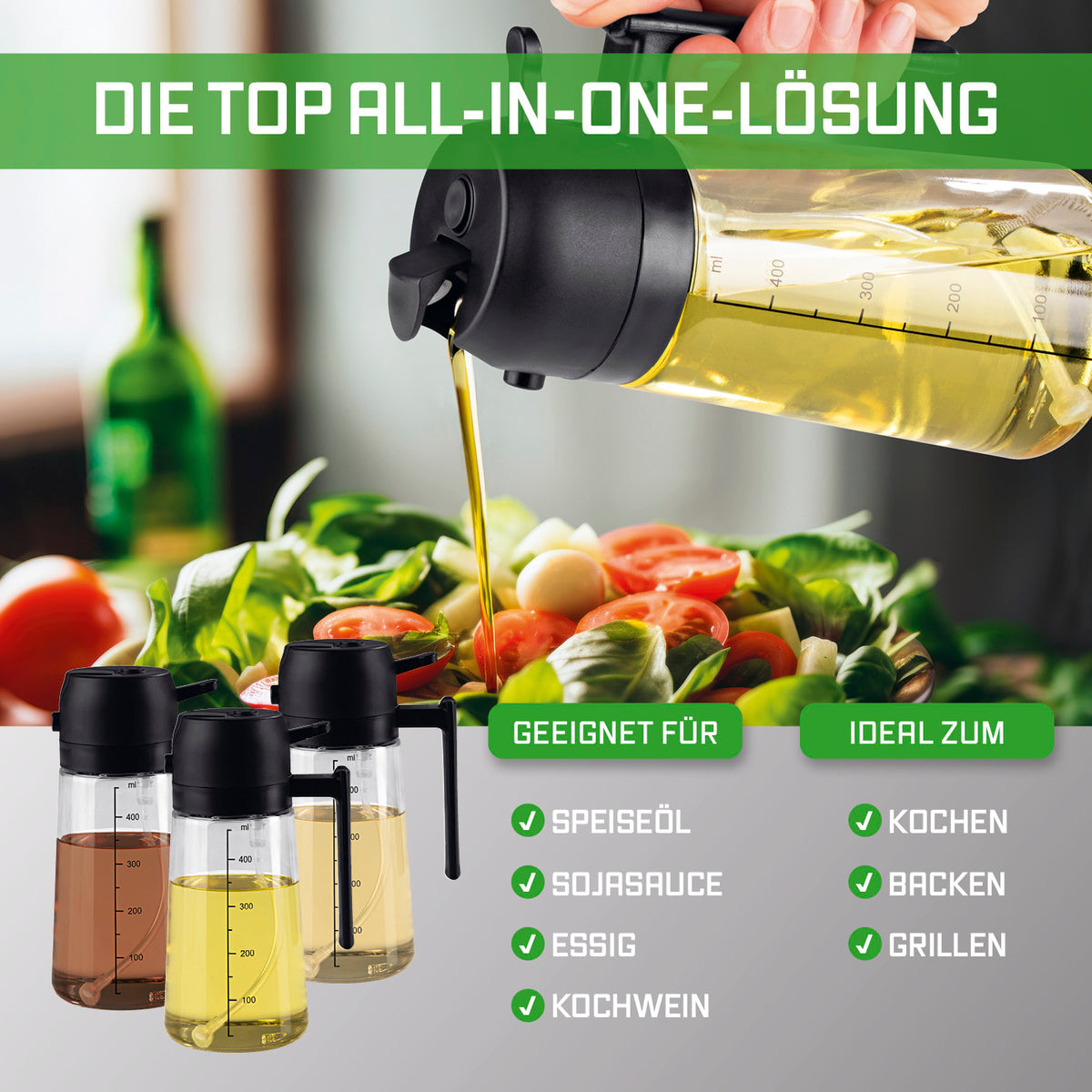2-in-1 Ölsprüher & -spender – 470 ml mit feiner Dosierung für Öl, Essig, Sojasauce beim Kochen, Backen und Grillen.