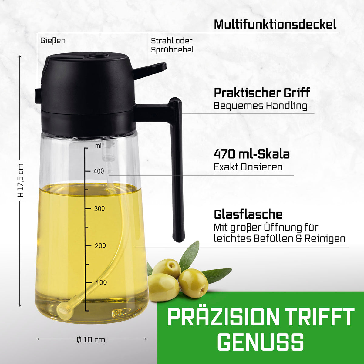 2-in-1 Ölsprüher & -spender – 470 ml mit Multifunktionsdeckel, praktischem Griff und exakter 470 ml Skala für präzises Dosieren.
