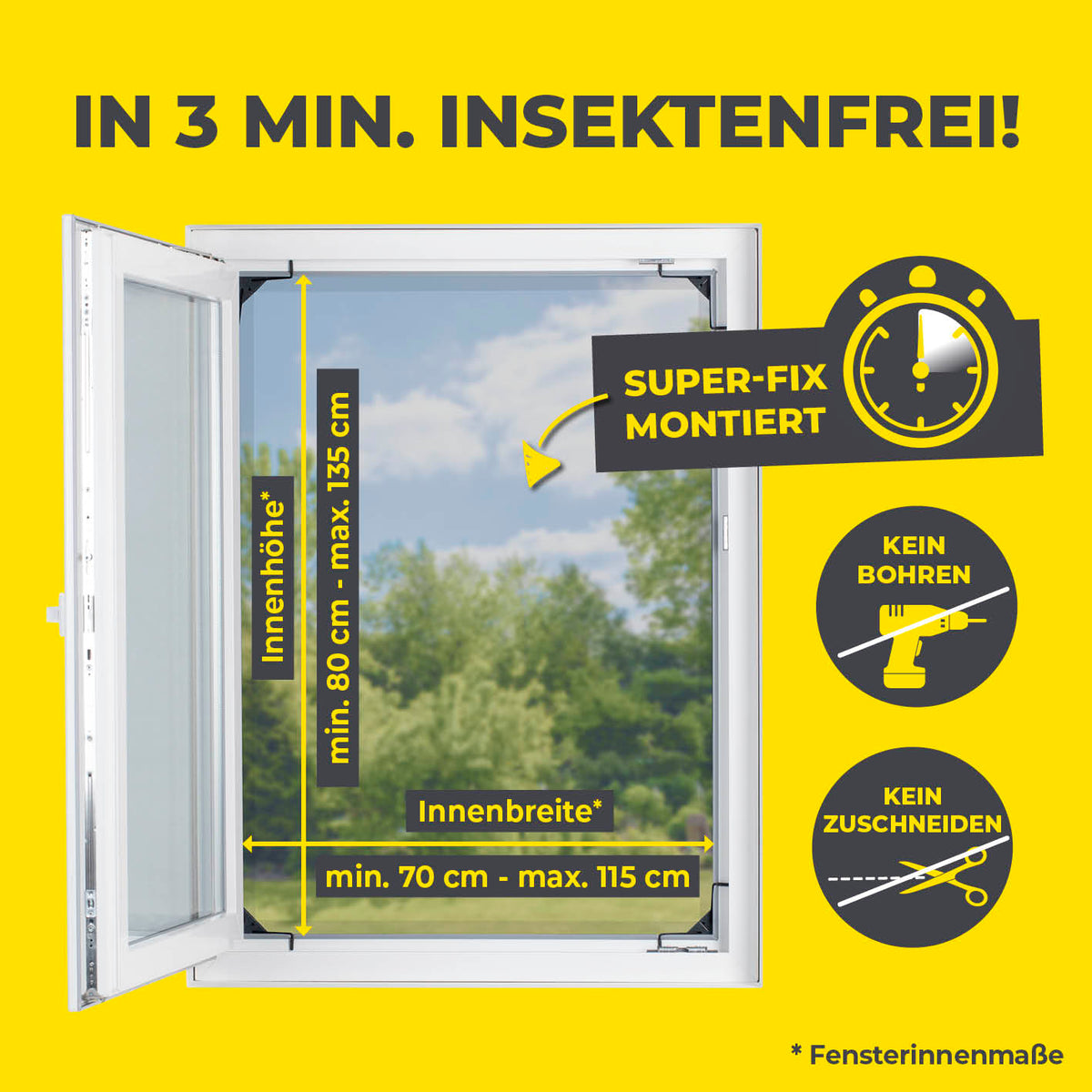 Teleskop-Insektenschutzgitter mit integriertem Netz - anthrazit bietet schnelle Montage in 3 Min. ohne Bohren oder Zuschneiden, passend für Innenmaße 70-115x80-135 cm.