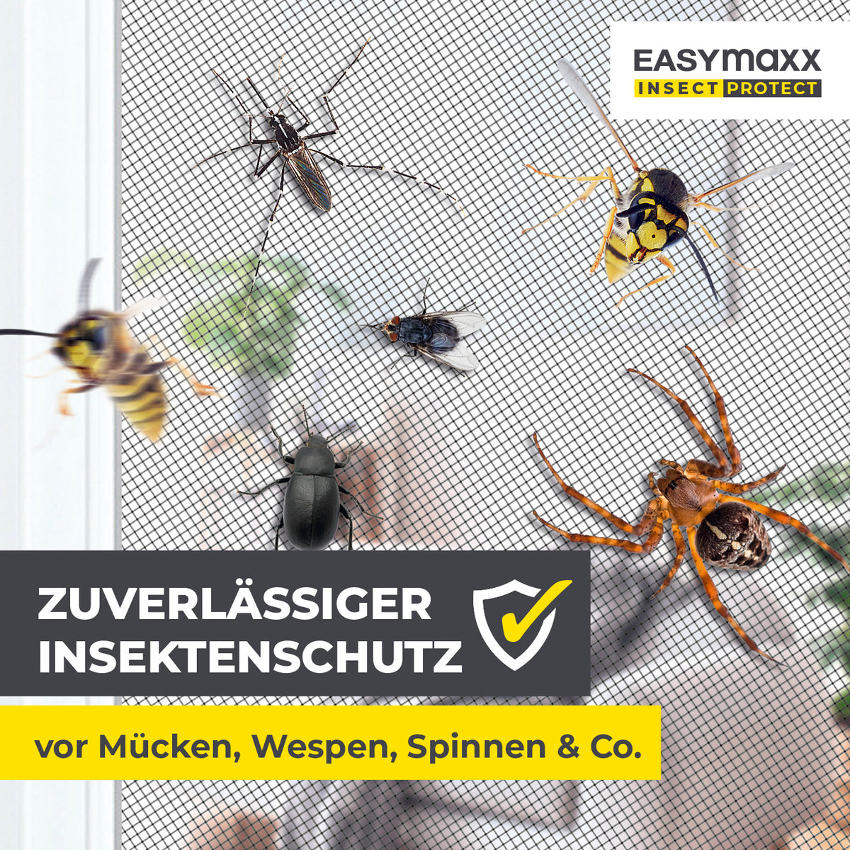 Teleskop-Insektenschutzgitter mit integriertem Netz - weiß schützt effektiv vor Mücken, Wespen, Spinnen und anderen Insekten am Fenster.