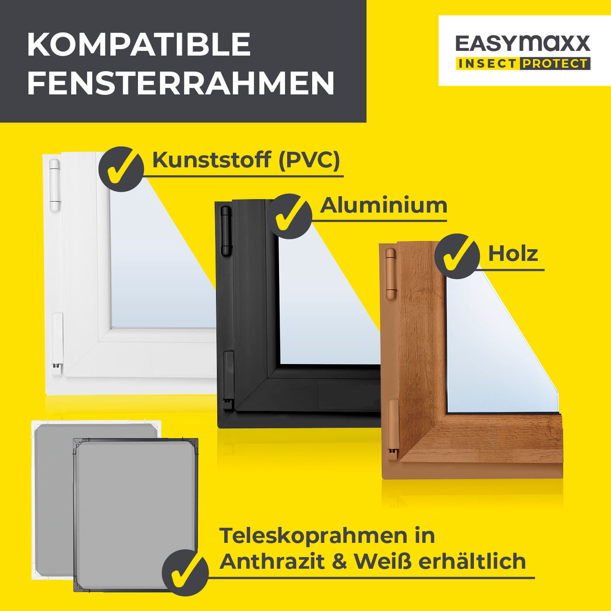 Teleskop-Insektenschutzgitter mit integriertem Netz - weiß, passend für Fensterrahmen aus Kunststoff, Aluminium und Holz, erhältlich in Anthrazit und Weiß.