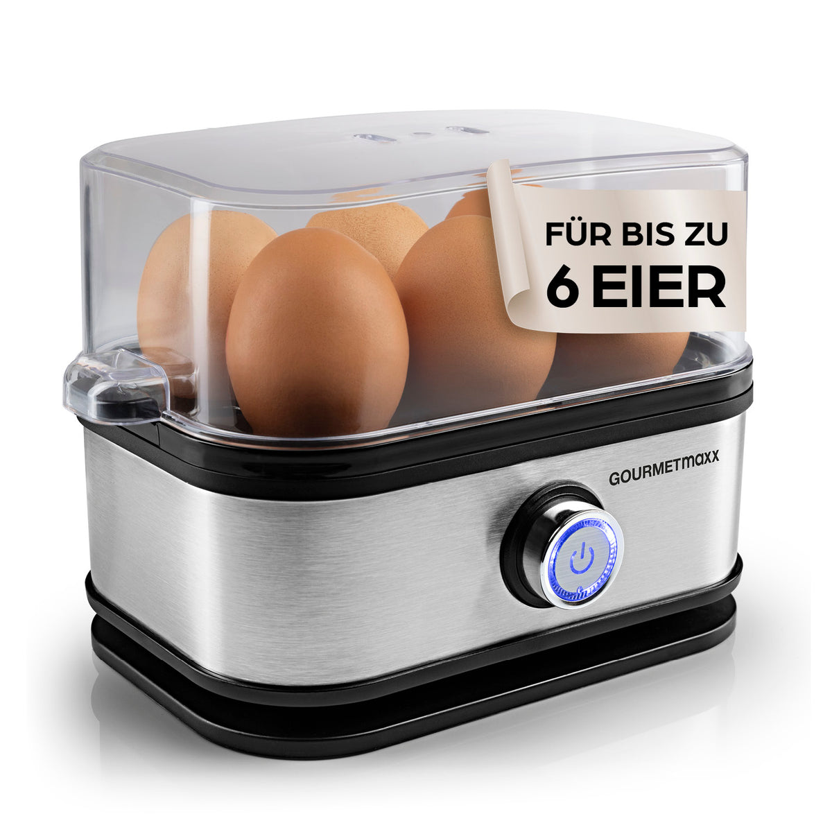 Design-Eierkocher 6 Eier - Edelstahl mit transparentem Deckel, Platz für 6 Eier und einfacher Bedienung für perfektes Kochen zu Hause und unterwegs.