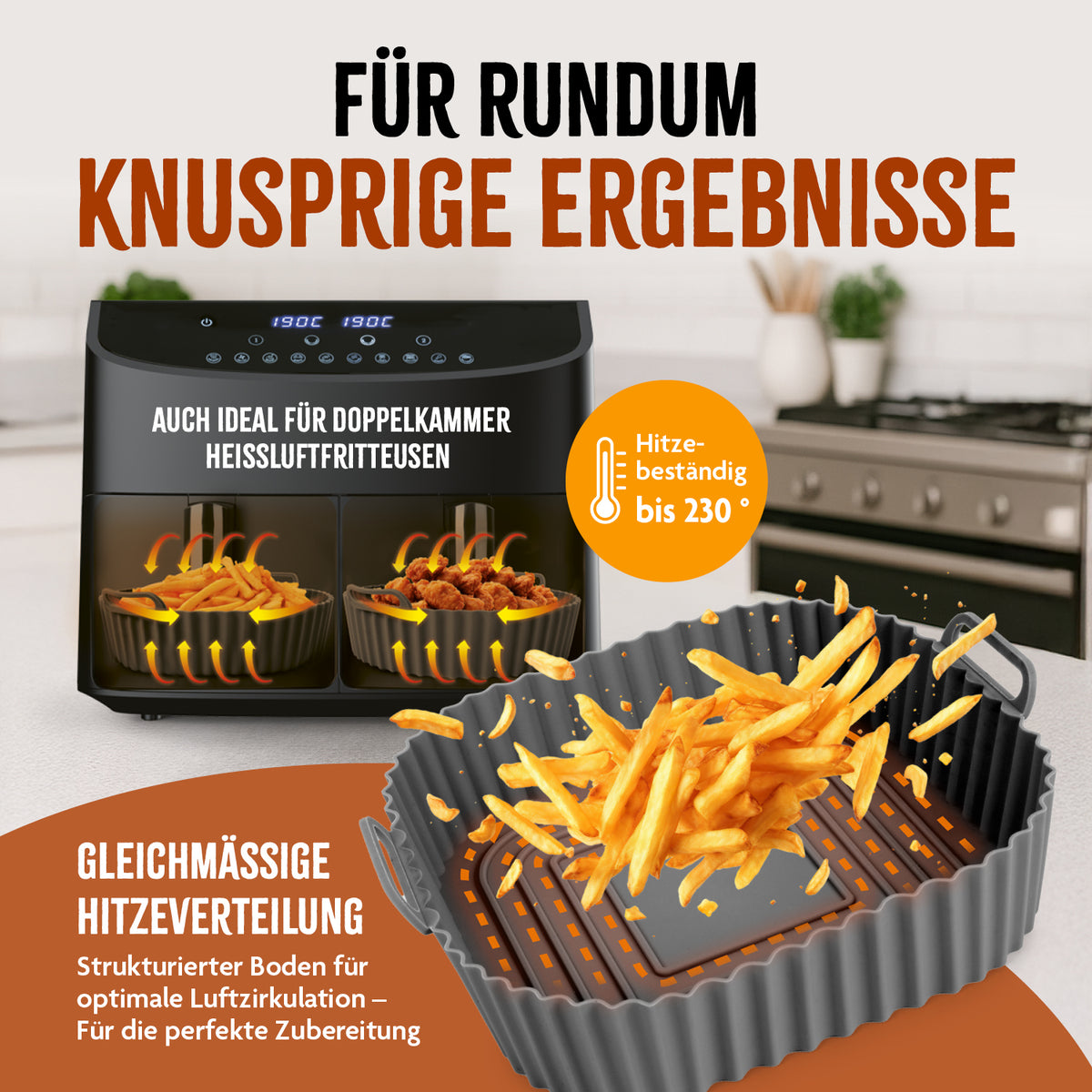 Silikonform für Heißluft-Fritteusen - quadratisch - 20x20x6,3cm mit strukturierter Oberfläche für gleichmäßige Hitzeverteilung und knusprige Ergebnisse