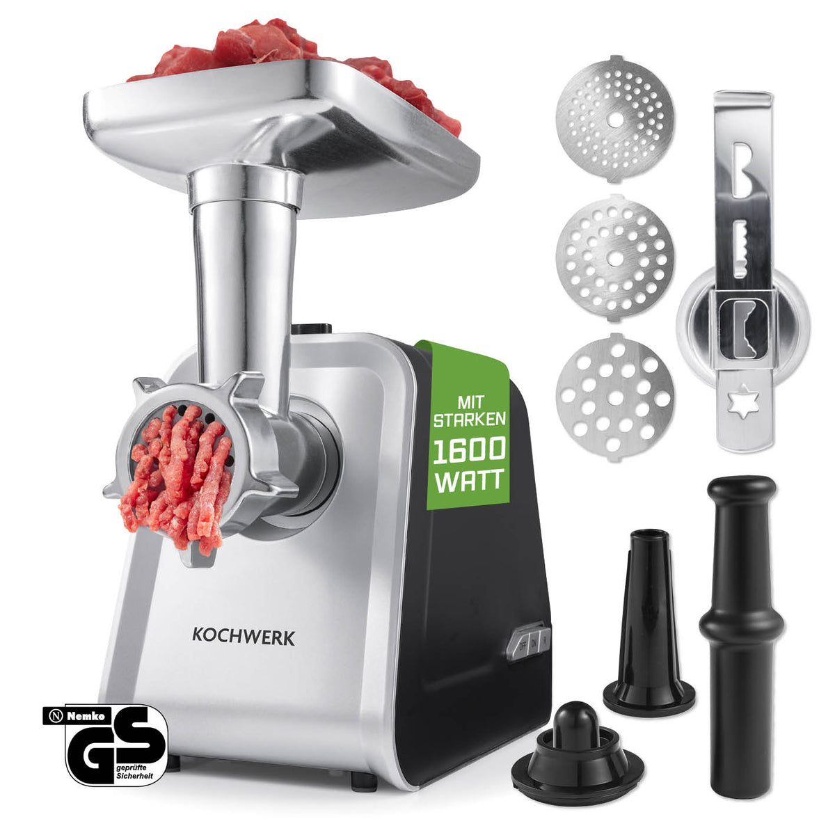 Fleischwolf 4in1 - silber/schwarz mit 1600 Watt Leistung, inklusive verschiedener Scheiben und Zubehör für vielseitiges Zerkleinern und Wurstherstellung.