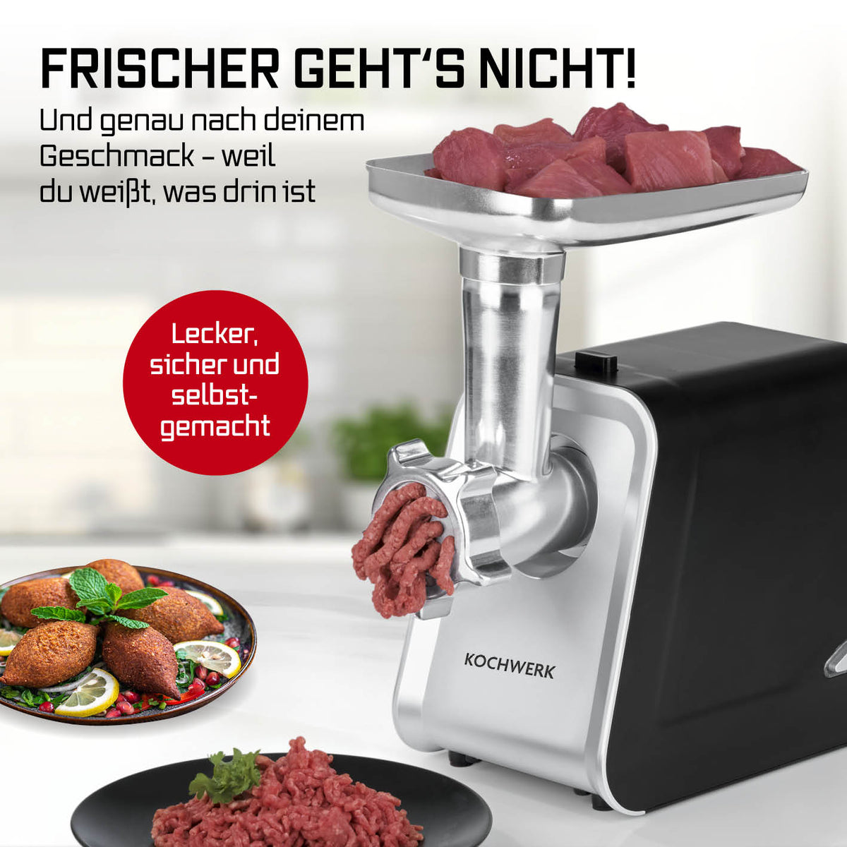Fleischwolf 4in1 - silber/schwarz mit Edelstahltrichter, zerkleinert frisches Fleisch für selbstgemachte Gerichte sicher und einfach.