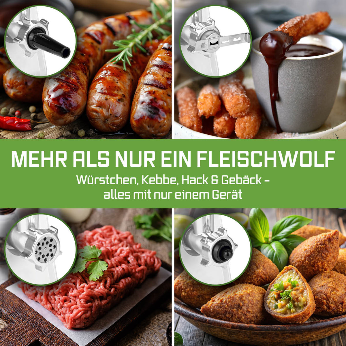 Fleischwolf 4in1 - silber/schwarz mit vielseitigen Aufsätzen für Würstchen, Kebbe, Hackfleisch und Gebäck bei einfacher Handhabung.
