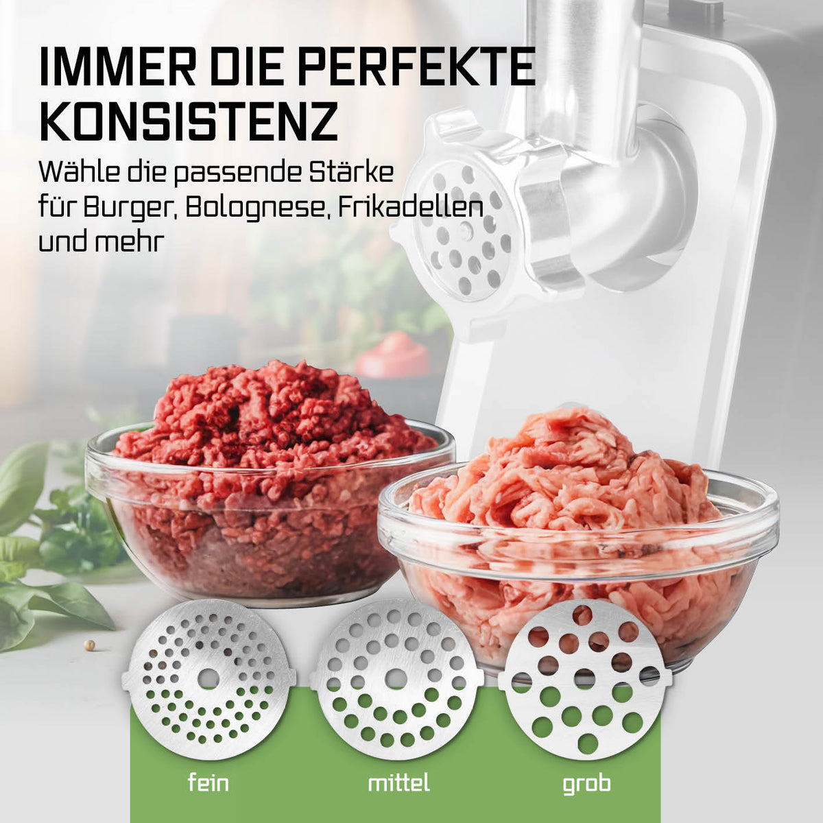 Fleischwolf 4in1 - silber/schwarz mit drei Lochscheiben für feines, mittleres und grobes Zerkleinern von Fleisch für perfekte Konsistenz.