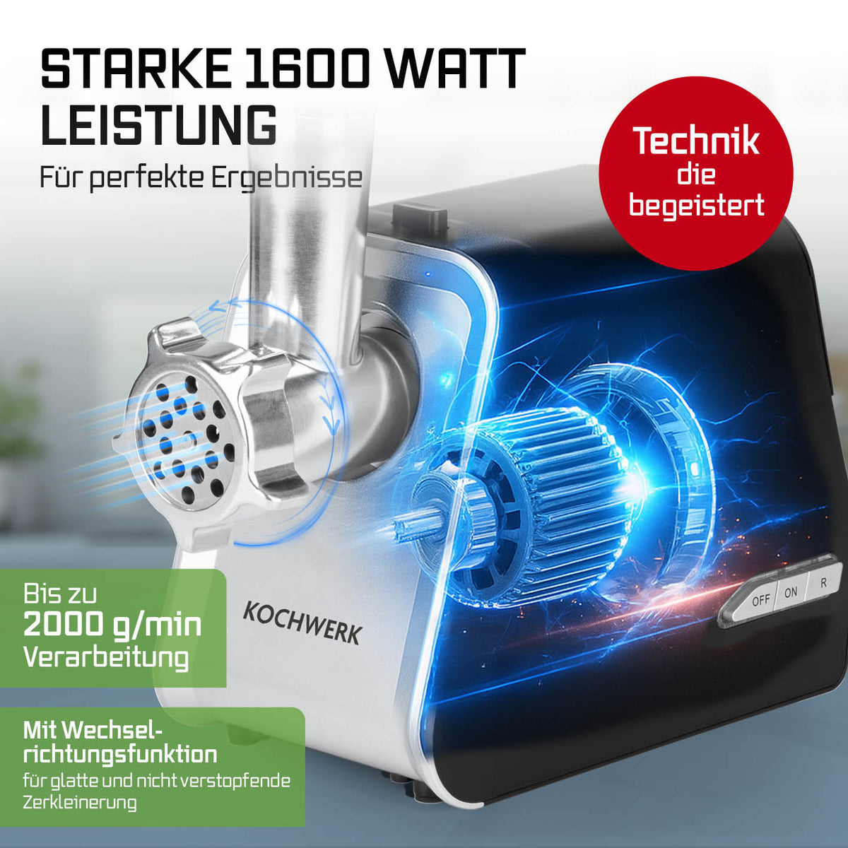 Fleischwolf 4in1 - silber/schwarz mit 1600 Watt Motor, bis zu 2000 g/min Verarbeitung und praktischer Wechsel-Richtungsfunktion für effizientes Zerkleinern.