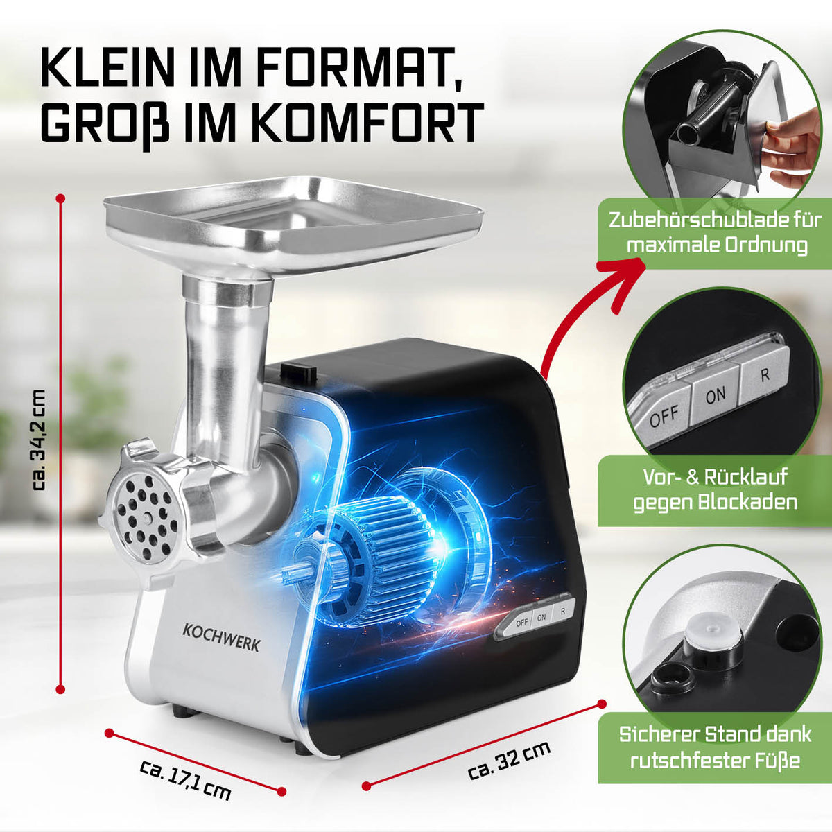 Fleischwolf 4in1 - silber/schwarz mit kompakter Bauweise, Zubehörschublade, Vor- und Rücklauffunktion sowie rutschfesten Standfüßen für sicheren Halt.