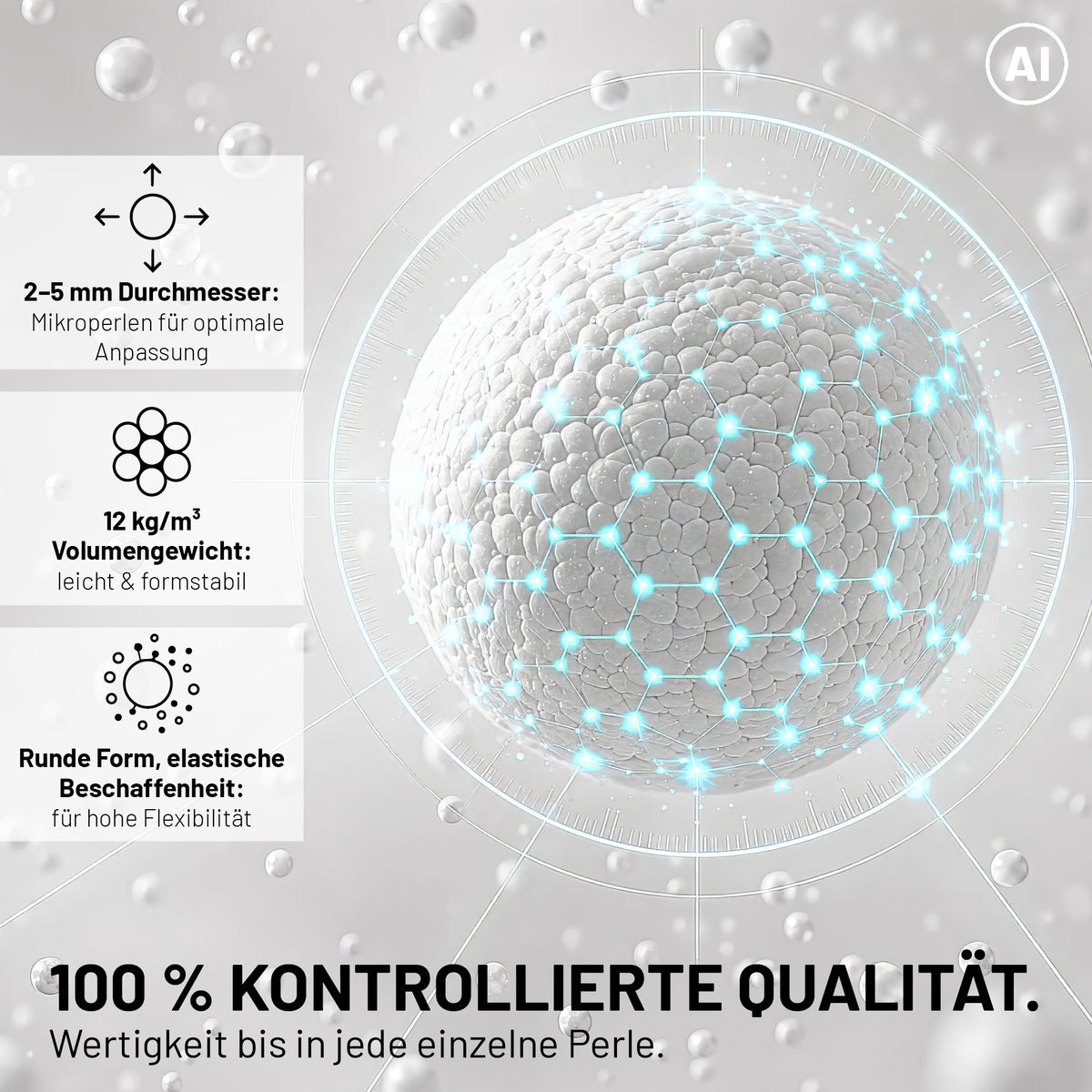 Produktinfografik für EPS Perlen (150 L) - Sitzsack Füllung - Nachfüllpack mit 2-5 mm Durchmesser und 12 kg/m3 Volumengewicht