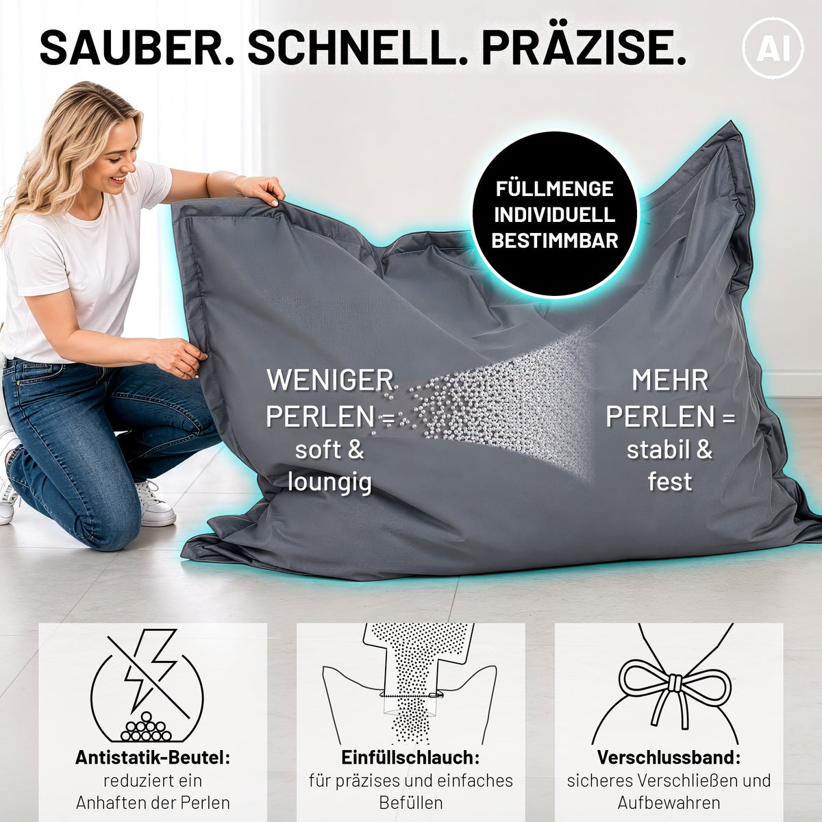 EPS Perlen (150 L) - Sitzsack Füllung - Nachfüllpack mit Einfüllschlauch und individuell bestimmbarer Füllmenge