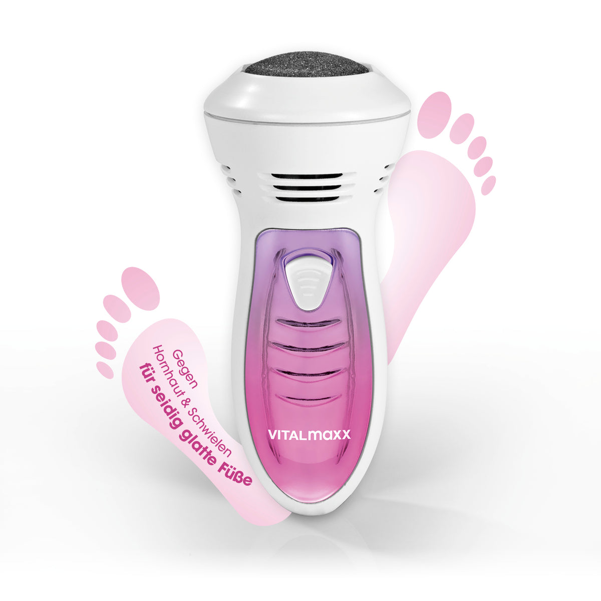 Pedi Power Hornhaut-Entferner von VITALmaxx mit Absaugfunktion und 2 Aufsätzen für sanfte, glatte Füße ohne scharfe Klingen.