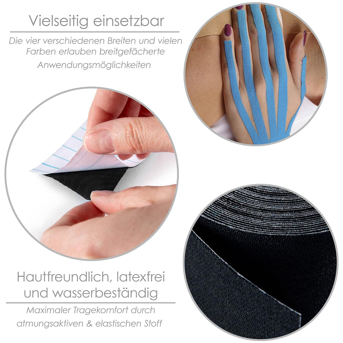 Kinesiologisches Tape - 5 cm x 5 m - Schwarz, hautfreundlich, elastisch, latexfrei und wasserbeständig, ideal für vielfältige Anwendungen.