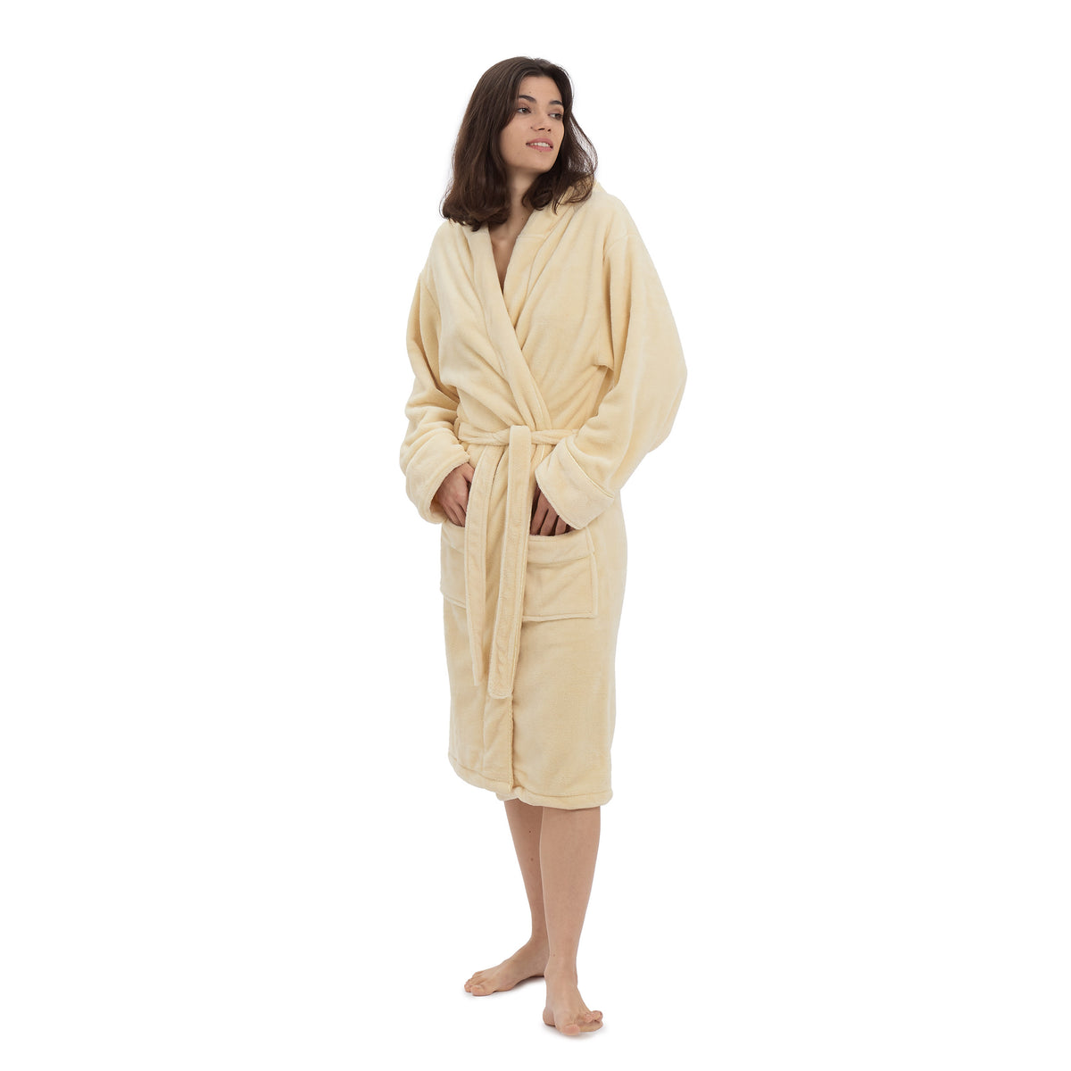 Luxury Mikrofaser Bademantel mit Kapuze für Damen und Herren in Creme, Größe S, weich, wärmend und schnelltrocknend.