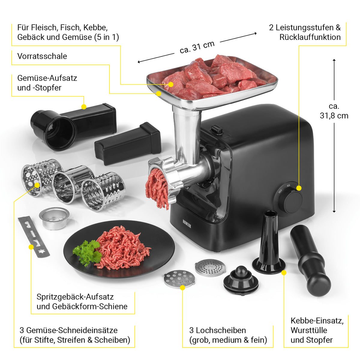 Fleischwolf inkl. Rücklauf-Funktion - max. 2000 W - Midnight Edition mit 5in1 Zubehör für Fleisch, Gemüse, Kebbe und Spritzgebäck.