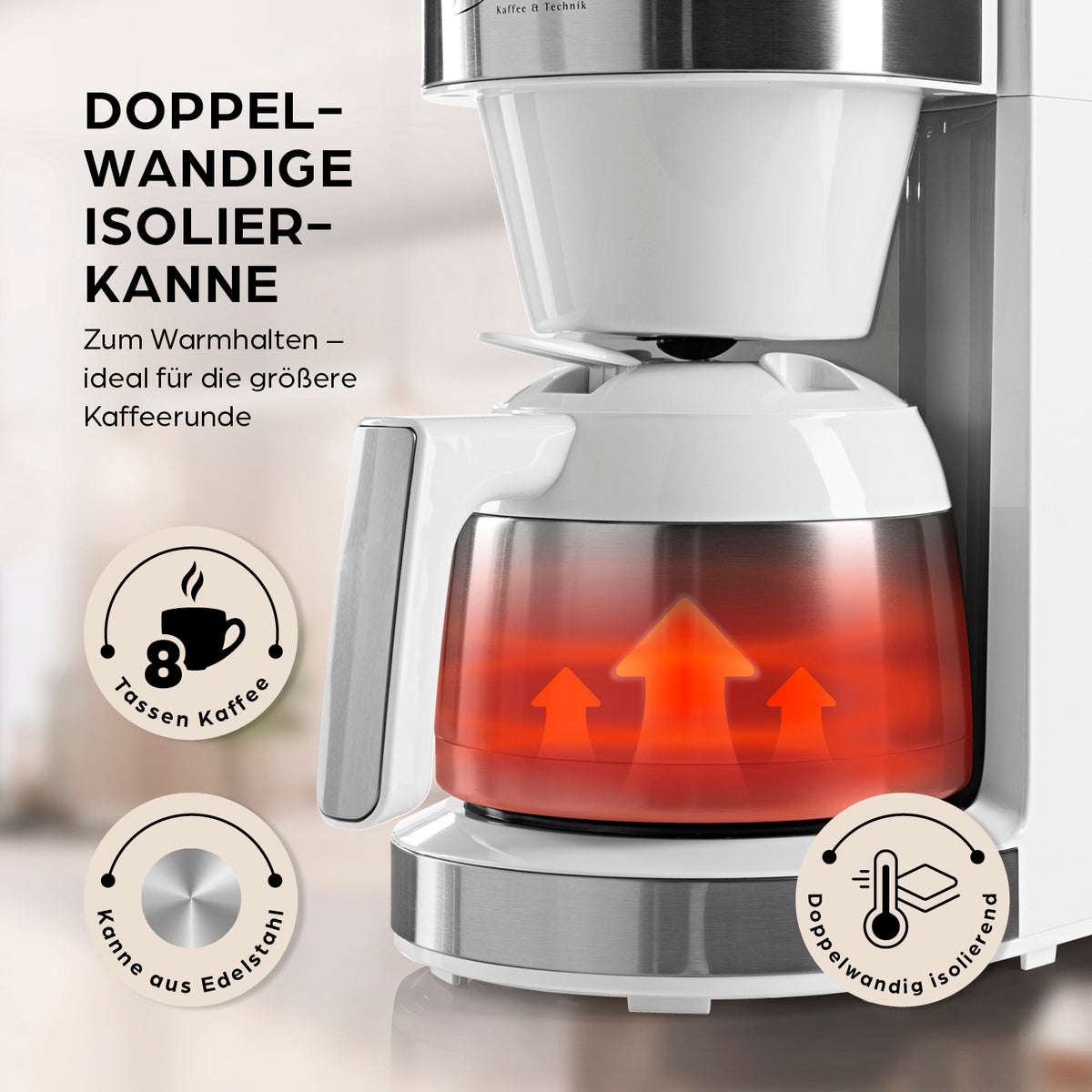 Filterkaffeemaschine Touch Iso mit Mahlwerk - Weiß mit doppelwandiger Isolierkanne aus Edelstahl für bis zu 8 Tassen warmen Kaffee.