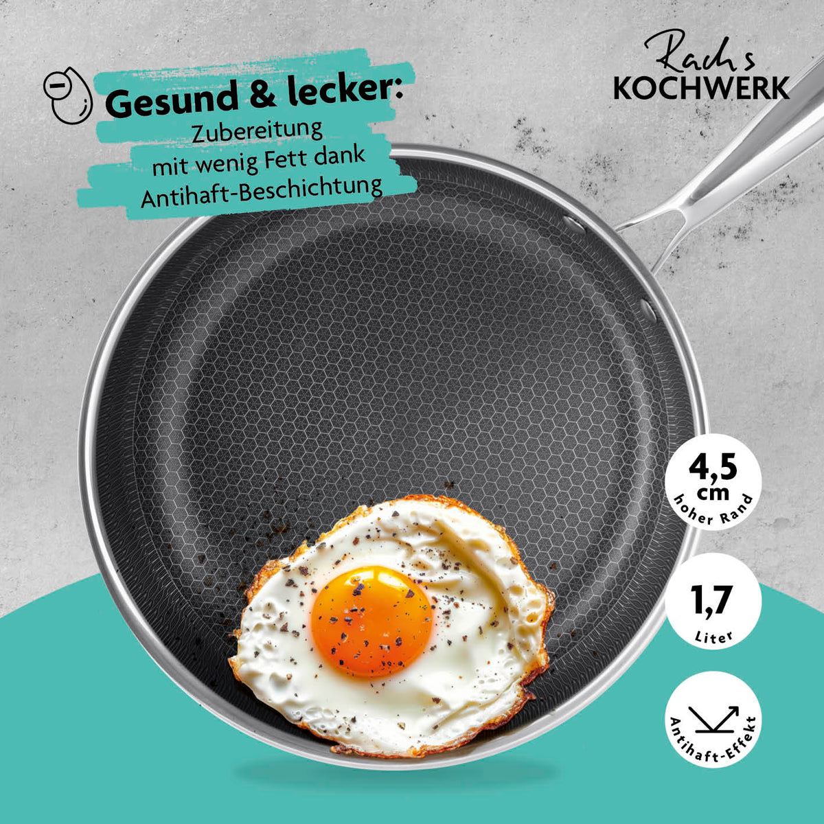 Edelstahl-Pfanne mit Wabenstruktur Ø 24 cm, kratzfest, antihaftbeschichtet, 4-Lagen-Design, geeignet für alle Herdarten, mit hohem Rand.