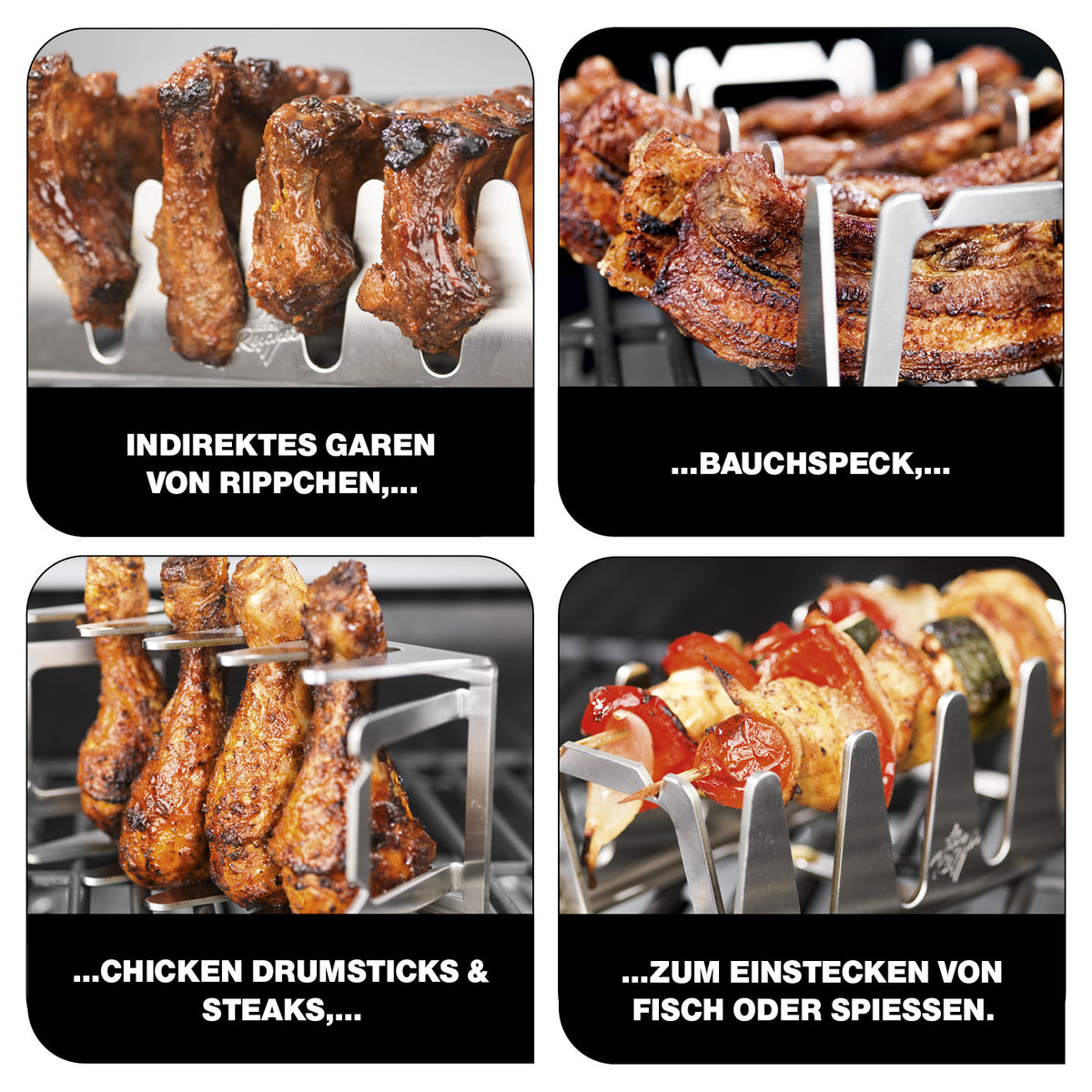 Multi-Grillständer aus Edelstahl zum indirekten Garen von Rippchen, Bauchspeck, Chicken Drumsticks, Steaks, Fisch und Spießen.
