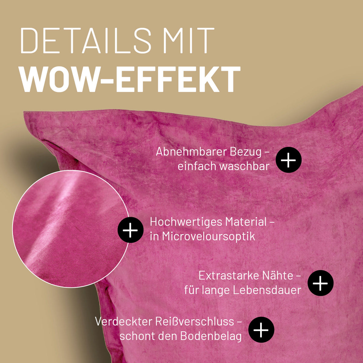 XXL Microvelours Sitzsack (380 L) - pinker, abnehmbarer Bezug, hochwertiges Microveloursmaterial, extrastarke Nähte, verdeckter Reißverschluss