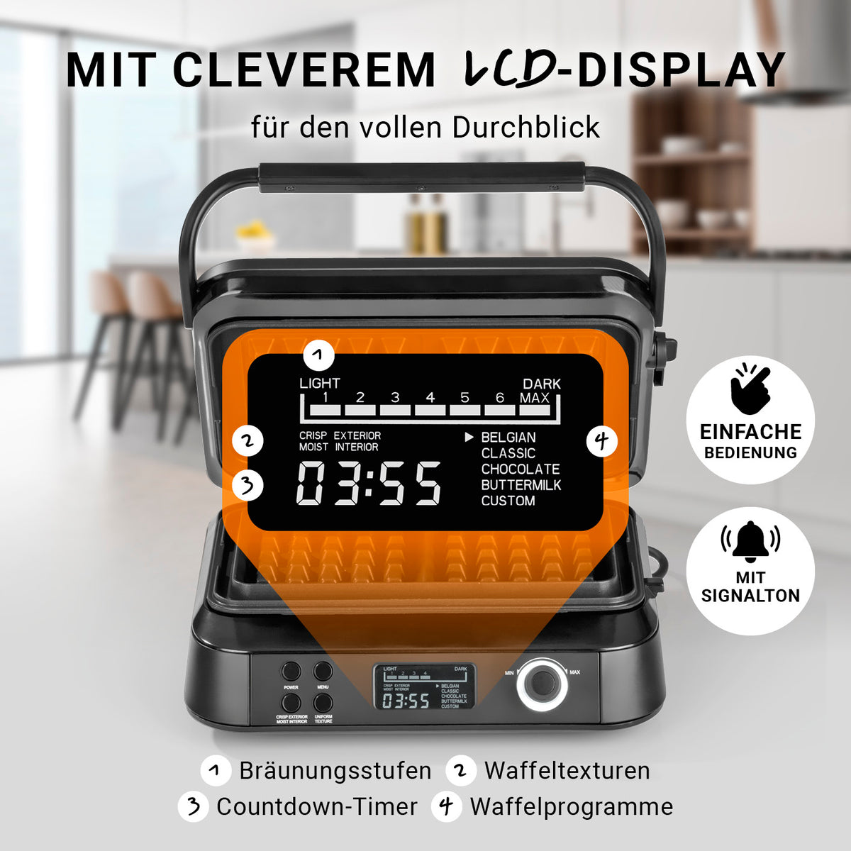 Premium-Waffeleisen mit LCD-Display, 5 Waffelprogrammen, Countdown-Timer und individueller Bräunungsgrad-Wahl für perfekte Waffeln.